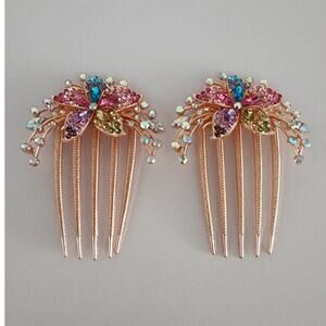 Pair of Rhinestone Flower Combs Beautiful Sparkly Prom Bride Party New